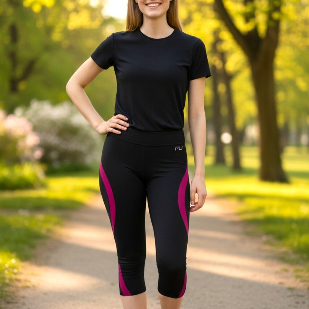 (A-18)FILA Sport‎ Women’s Capri Leggings Black Pink Running Workout Gym Athletic